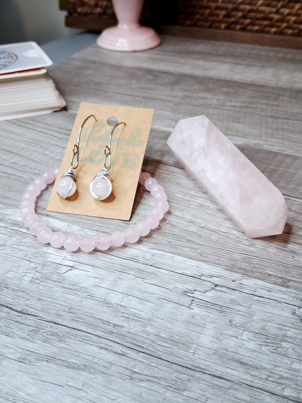 Rose Quartz Tower Bracelet & Drop Earrings Gift Set, 3 Piece Crystal Bundle